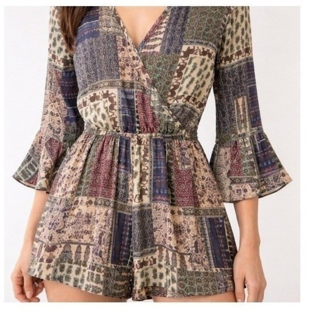 Anthropologie brand Hiche Maeve Patchwork Lined Romper Boho Size XS
